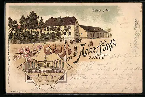 Lithographie Duisburg, Gasthaus zur Ackerfähre von C. Voss