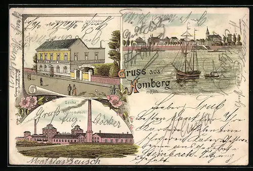 Lithographie Homberg a. Rhn., Restaurant zur Krone, Zeche Rheinpreussen