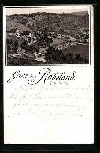 Vorläufer-Lithographie Rübeland, 1892, Blick auf den idyllisch gelegenen Ort