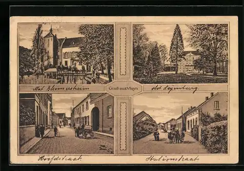 AK Vluyn, Strassenpartie mit Gebäudeansicht und Pferdewagen, Uferpartie, Ortspartie