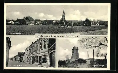 AK Schaephuysen / Krs. Moers, Gasthaus Hauser, Jugendherberge mit Turm, Gesamtansicht