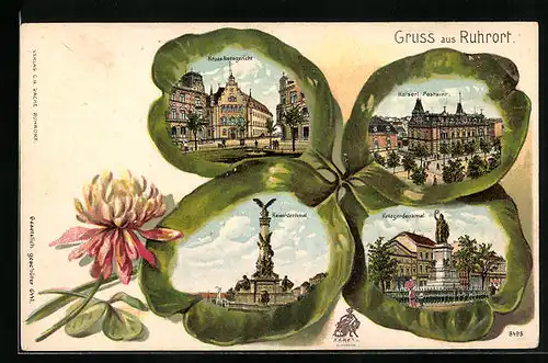 Lithographie Ruhrort, Neues Amtsgericht, Kaiserliches Postamt, Kriegerdenkmal, Kleeblatt