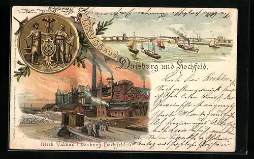 Lithographie Duisburg, Werk Vulkan Duisburg-Hochfeld, Rheinbrücke, Schmied mit Wappen