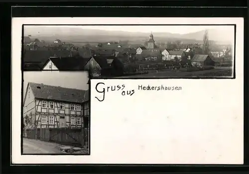 Foto-AK Heckershausen, Teilansicht, Strassenpartie mit Fachwerkhaus