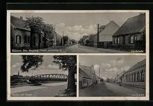 AK Güsen /Bez. Magdeb. /Kreis Jerichow, Partie am Kanal mit Brücke, Dorfpartie, Dorfstrasse