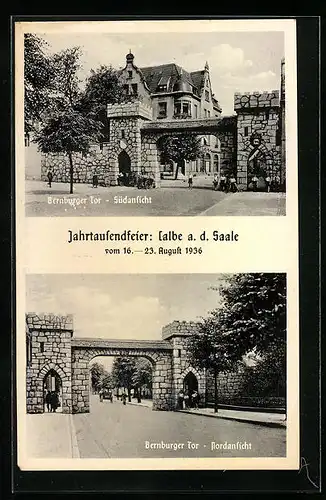 AK Calbe a. d. Saale, Jahrtausenfeier 1936, Bernburger Tor Südansicht & Nordansicht