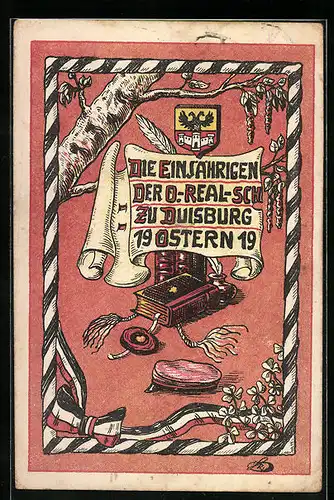 Künstler-AK Duisburg, Die Einjährigen der O.-Real-Schule zu Duisburg 1919, Buch mit Siegel, Wappen