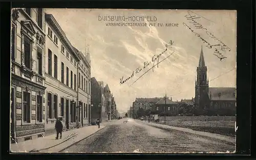 AK Duisburg-Hochfeld, Wannheimerstrasse mit ev. Kirche