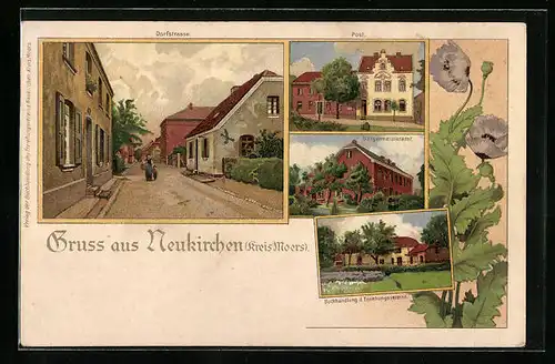 Lithographie Neukirchen Krs. Moers, Buchhandlung d. Erziehungsvereins, Bürgermeister Amt, Post