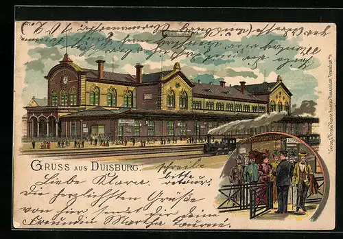 Lithographie Duisburg, Ankommender Zug im Bahnhof