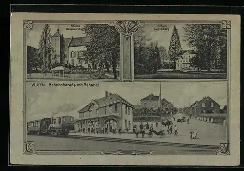 AK Vluyn, Bahnhofstrasse mit Bahnhof, Schloss Bloemersheim, Schloss Leyenburg