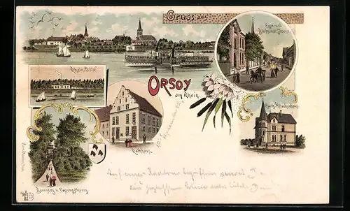 Lithographie Orsoy a. Rhein, Eger- und Binsheimer Strasse, Rhein Villa, Rathaus