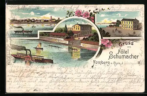 Lithographie Homberg, Hotel Schumacher, Hotel zum goldenem Anker, Dampfer