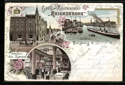 Lithographie Duisburg, Restaurant Reichskrone, Hafenpartie