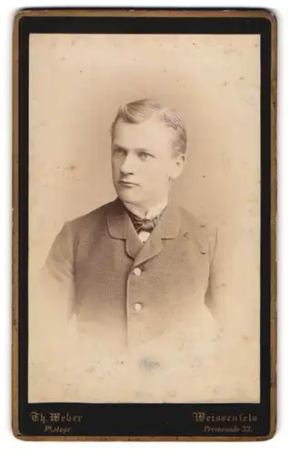 Fotografie Th. Weber, Weissenfels, Promenade 33, Portrait junger Mann mit hellen Augen im Anzug mit Fliege