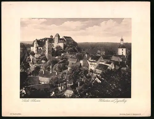 Fotografie-Kupfertiefdruck unbekannter Fotograf, Ansicht Hohnstein / Sächsische Schweiz, Ortsansicht mit Jugendburg
