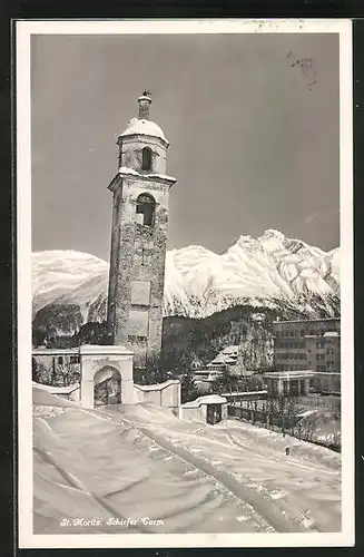 AK St. Moritz, Schiefer Turm im Winter