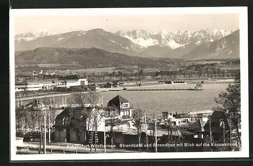 AK Klagenfurt /Wörthersee, Strandcafé und Strandbad mit Blick auf die Karawanken