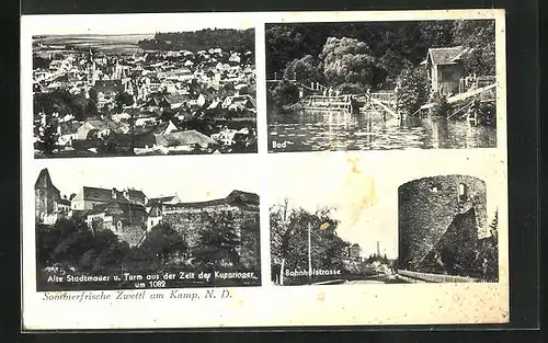 AK Zwettl am Kamp, Bahnhofstrasse, Bad, Alte Stadtmauer u. Turm