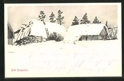 Künstler-AK Budi Drogischny, Ortspartie im Schnee