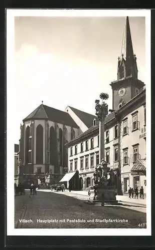 AK Villach, Hauptplatz mit Pestsäule und Stadtpfarrkirche