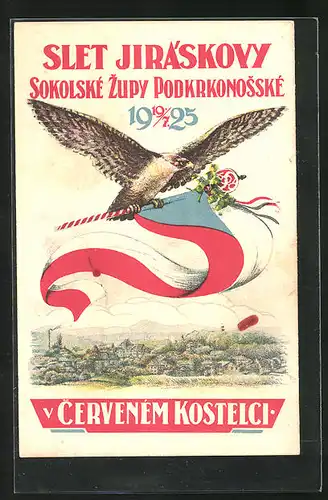Künstler-AK Cerveny Kostelec, Slet Jiraskovy Sokolske Zupy Podkrkonosske 1925, Teilansicht u. Adler mit Fahne