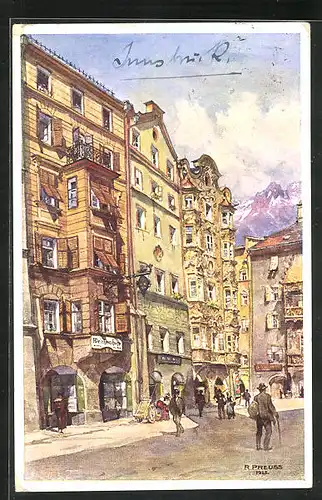 Künstler-AK Rudolf Preuss: Innsbruck, Altstadt mit Geschäften