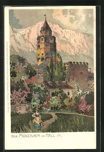 Künstler-AK Carl Schmidt: Hall i. T., Der Münzturm und Frau