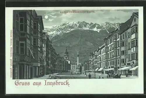 Mondschein-Lithographie Innsbruck, Maria-Theresienstrasse im Vollmondlicht