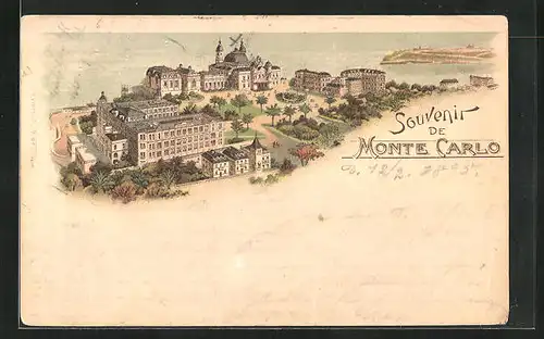 Vorläufer-Lithographie Monte Carlo, 1895, Blick auf Schloss