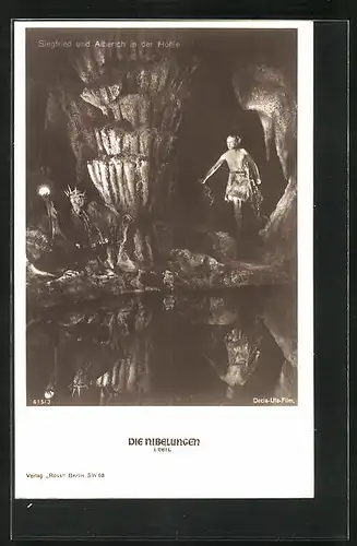 AK Filmszene Die Nibelungen, I. Teil, Siegfried und Alberich in der Höhle