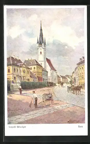 Künstler-AK Leopold Schweiger: Horn, Strassenfeger und Kutschen vor Kirche