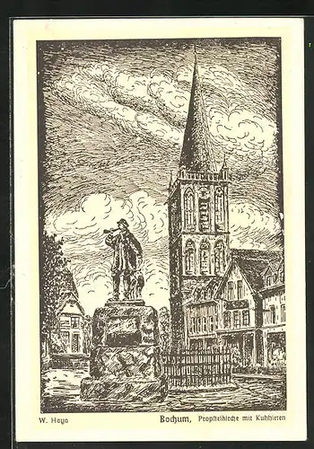 Künstler-AK Bochum, Propsteikirche mit Kuhhirten