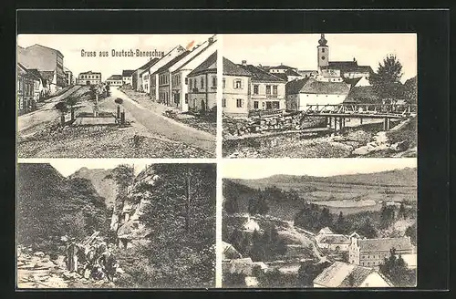 AK Deutsch-Beneschau, Kirche, Strassenpartie mit Brunnen, Umgebung