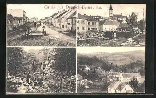 AK Deutsch-Beneschau, Kirche, Strassenpartie mit Brunnen, Umgebung