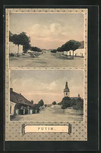 AK Putim, Hauptplatz mit Kirche, Strassenpartie