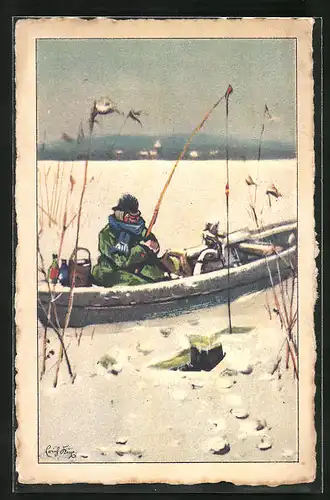 Künstler-AK Mann beim Eisangeln