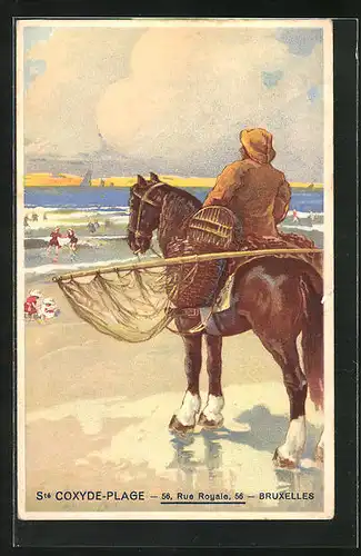 AK Mann auf Pferd mit Fischer-Ausrüstung beobachtet den Sonnenuntergang am Meer