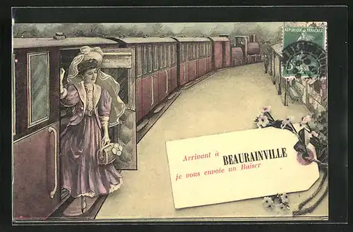 AK Beaurainville, Frau steigt am Bahnhof aus dem Zug aus