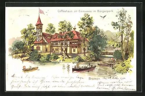 Lithographie Bremen, Cafehaus am Emmasee im Bürgerpark