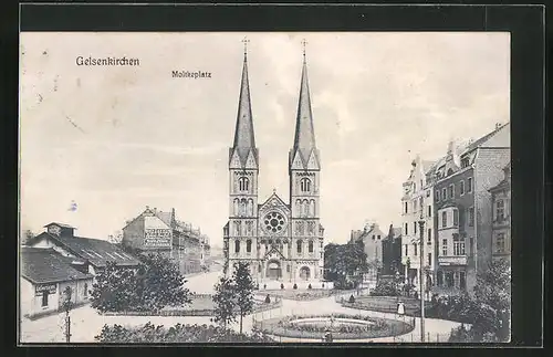 AK Gelsenkirchen, Moltkeplatz mit Kirche
