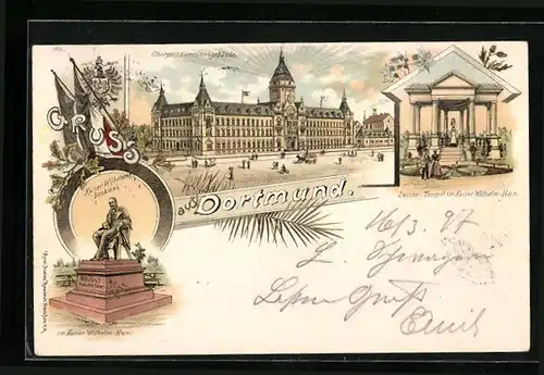 Lithographie Dortmund, Oberpostdirektionsgebäude, Luisen-Tempel im Kaiser-Wilhelm-Hain