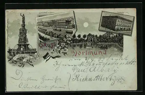 Mondschein-Lithographie Dortmund, Gymnasium, Bahnhof mit Post, Kriegerdenkmal, Kranenburg