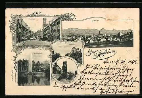 AK Kaufbeuren, Marktplatz, Hexenturm, Jordanweiher, Totalansicht