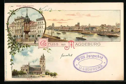 Lithographie Magdeburg, Kaiser Otto Denkmal, Dom, Panorama am Hafen