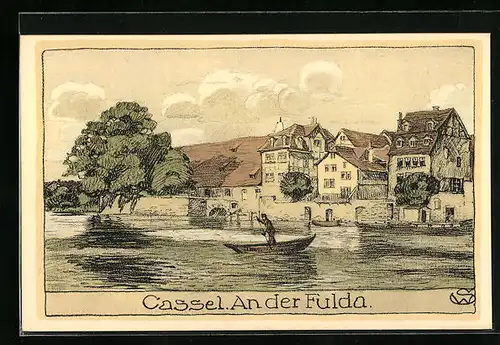 Steindruck-AK Kassel, Flusspartie der Fulda