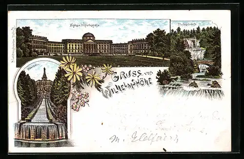 Lithographie Wilhelmshöhe, Kaskaden mit Blick zum Schloss, Teufelsbrücke