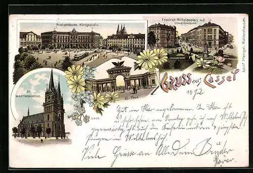 Lithographie Kassel, Postgebäude am Königsplatz, Au-Tor, St. Martinskirche