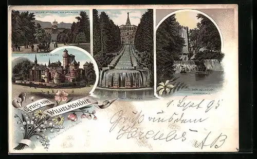 Vorläufer-Lithographie Wilhelmshöhe, 1895, Schloss, Löwenburg, Kaskaden und Aquaduct-Wasserfall