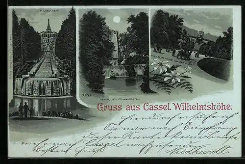 Mondschein-Lithographie Wilhelmshöhe, Kaskaden mit Schloss, Aquaduct-Wasserfall